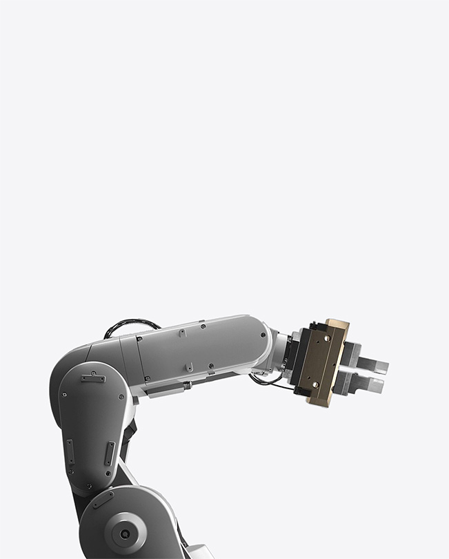 Billede af en del af en robotarm mod en hvid baggrund.