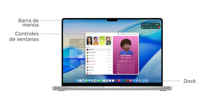 Un recorrido por la navegación de macOS, como la barra de menús en la parte superior de la pantalla del MacBook, los botones de ventana y el Dock.