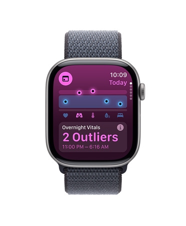 Apple Watch Series 11, διαστημικό γκρι χρώμα, κάσα από αλουμίνιο, app Ζωτικές Ενδείξεις, πίνακας ποιότητας υγείας, ακραίες τιμές ζωτικών ενδείξεων κατά τη διάρκεια της νύχτας, εξωτερική δεξιά πλαϊνή όψη, Digital Crown, λουράκι Sport Loop, σκούρο γκρι χρώμα