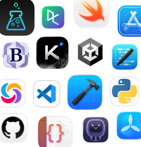 An array of coding app icons, including Unity Editor, DataCamp, Swift Playground, and Apple Developer.