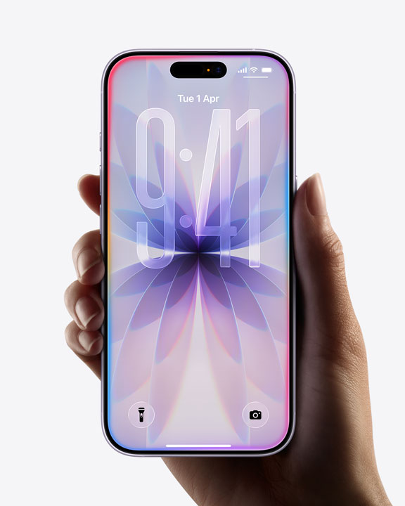 Hand holding iPhone 17 showing all screen display, lock screen showing Liquid Glass border
