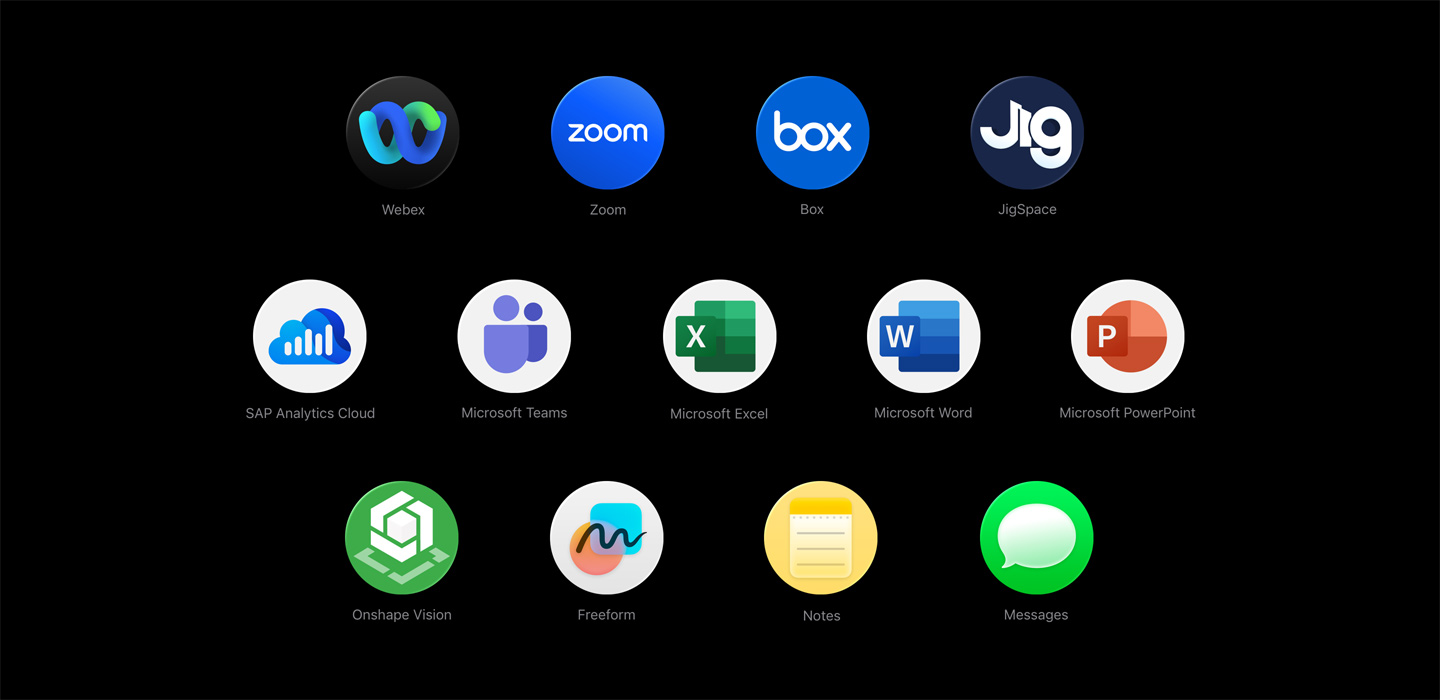Various app icons in a scattered array, including Webex, Zoom, Box, JigSpace, SAP Analytics Cloud, Microsoft Teams, Microsoft Excel, Microsoft Word, Microsoft PowerPoint, Onshape Vision, BILT, Notes, and Messages