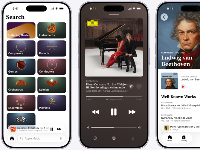 Na ekranie iPhone’a po lewej stronie pokazano kartę przeglądania w apce Apple Music Classical z wybraną kartą katalogu, na której widać kategorie, takie jak kompozytorzy, okresy, gatunki, dyrygenci, orkiestry, soliści, zespoły i chóry; na iPhonie pośrodku widać I koncert fortepianowy C-dur op. 15 III. Rondo. Allegro scherzando Beethovena odtwarzany z Dolby Atmos; na iPhonie po prawej stronie widać stronę kompozytora poświęconą Ludwigowi van Beethovenowi