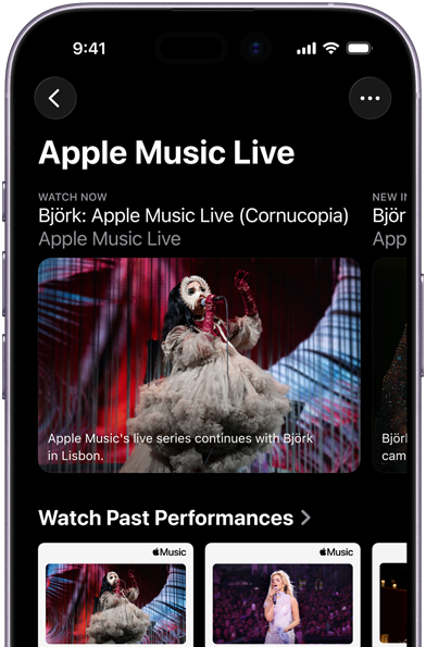 Apple Music Live-skjermen på iPhone viser Se nå og tidligere opptredener