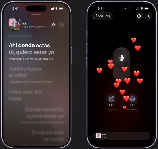 iPhonen til venstre viser sangen «ILY» av Kapo og Myke Towers i Apple Music Syng-modus. iPhonen til høyre viser hjerteemojier som bobler oppover på skjermen i Apple Music Syng-modus. Mikrofonsymbolet vises midt på skjermen, mens symbolene for Vokal og Mikrofonromklang vises nederst på skjermen
