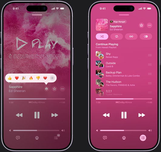 Skjermen på iPhonen til venstre viser avspilling av «Sapphire» av Ed Sheeran og reaksjonsalternativene tommel opp-emoji, hjerte-emoji, feire-emoji og tommel ned-emoji samt et valg for å legge til en annen reaksjon. iPhonen til høyre viser en felles spilleliste kalt Hawaii Playlist, der flere av sangene er lagt til av andre bidragsytere