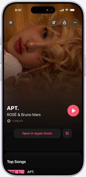 En iPhone-skjerm viser at Shazam har identifisert sangen «APT» av ROSÉ og Bruno Mars