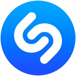 Logotipo circular azul e branco do Shazam com círculos concêntricos emanando de seu interior