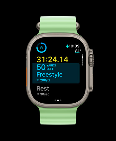 Apple Watch Ultra 3, kleur naturel, kast van titanium, Work-out-app, overzicht aangepaste work-out, weergave Volgende, neongroen Ocean-bandje