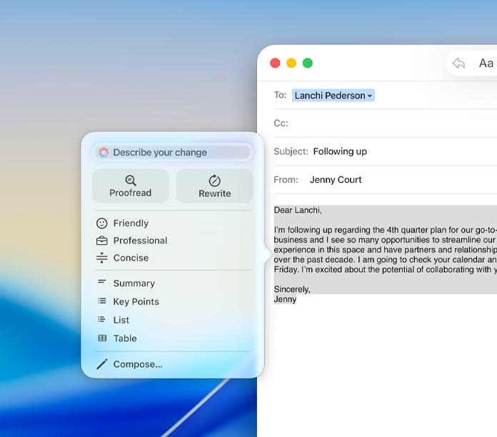 App Mail com painel das Ferramentas de Escrita da Apple Intelligence mostrando opções para revisar, reescrever e ajustar o tom