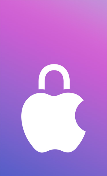 Logotipo da Apple com um ícone de cadeado sobreposto, em um fundo com degradê roxo