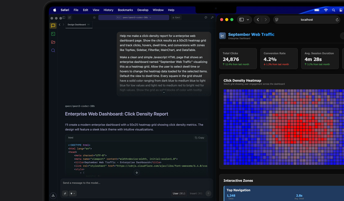A tela do iMac mostra um painel na web com um relatório de densidade de cliques, com um mapa de calor em grade ao lado de uma janela de bate-papo com uma resposta gerada por IA