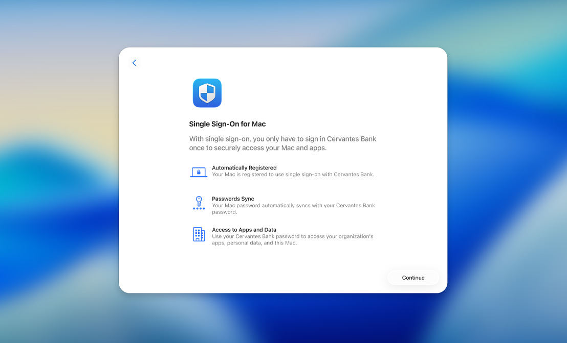 Janela de configuração do Início de Sessão Único com opções de registro automático, sincronização de senhas e acesso a apps e dados