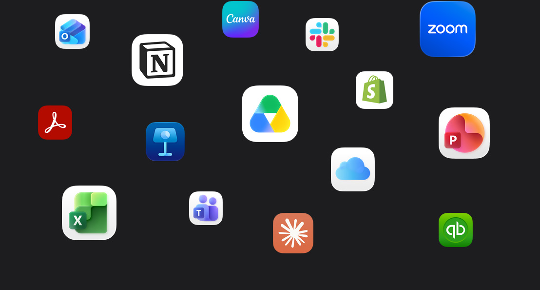 Ícones de apps dispersos num fundo escuro: Microsoft Teams, Microsoft Excel, Canva, Shopify, Microsoft Powerpoint, Claude, Zoom, Notion, Keynote, Slack, Salesforce, Quickbooks, Google Drive, Acrobat Reader e Microsoft Outlook