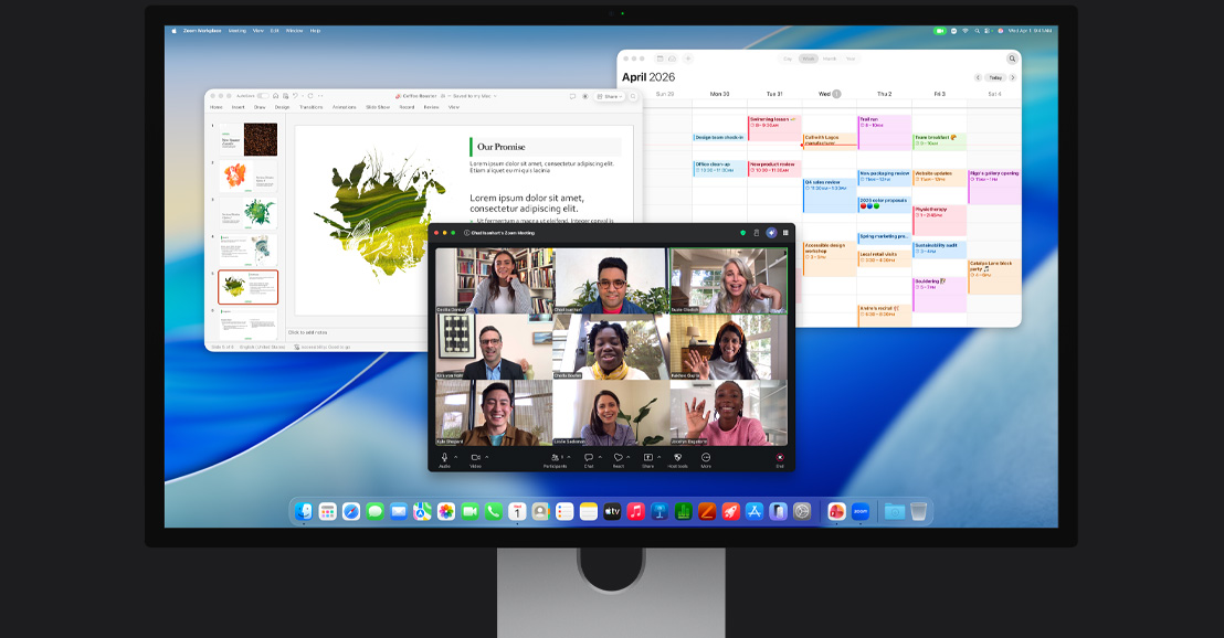 iMac com uma chamada de vídeo no Zoom na tela, com vários participantes, um calendário e uma apresentação abertos ao fundo