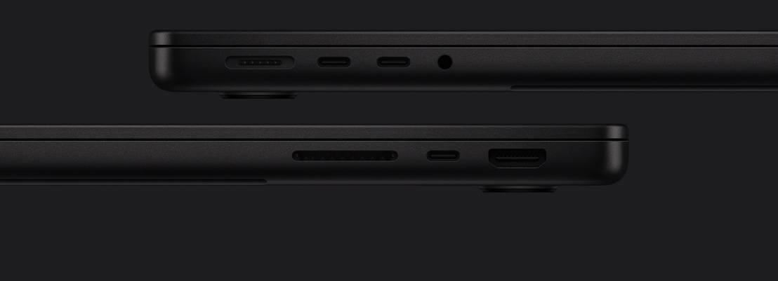 Portas do MacBook Pro: lado esquerdo com MagSafe, duas portas Thunderbolt e entrada para fones de ouvido; lado direito com slot para cartão SDXC, porta Thunderbolt e HDMI
