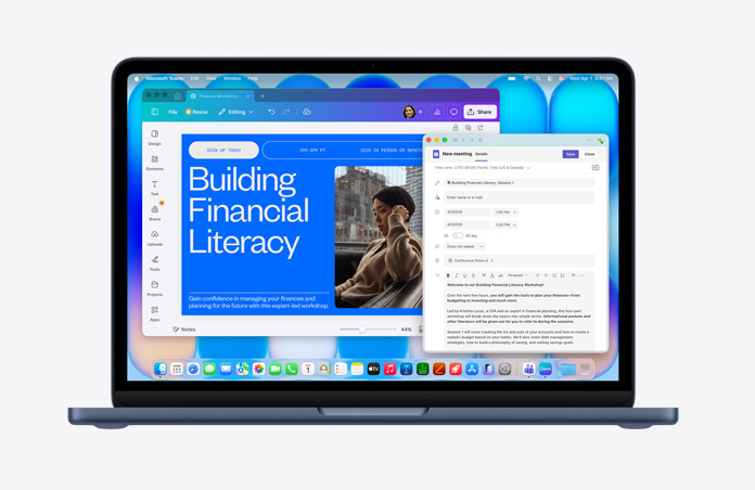 MacBook Neo na cor meia-noite mostrando uma página da web sobre como desenvolver educação financeira, com a imagem de uma pessoa, um rascunho de e-mail aberto, a barra de menus com vários ícones e o Dock na parte inferior com ícones de apps