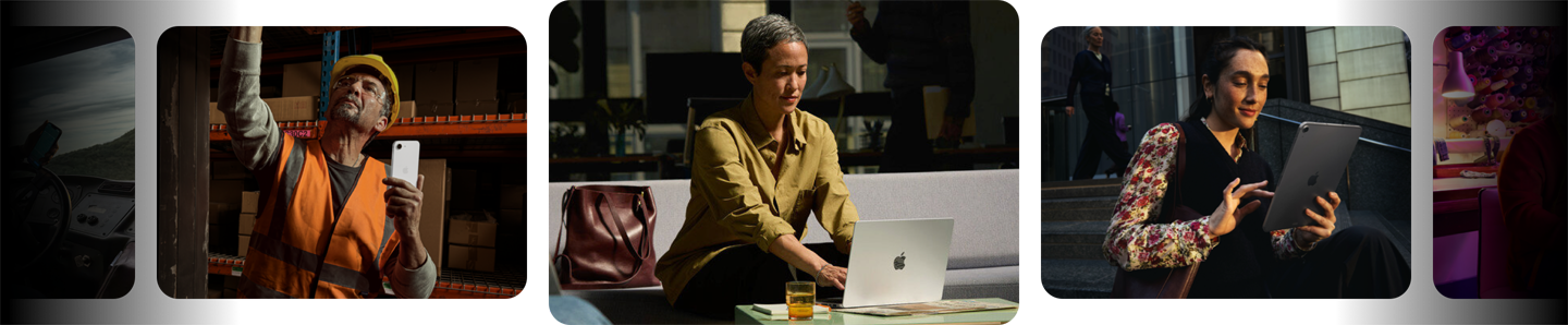 Pessoas em diferentes ambientes de trabalho e setores interagem com o MacBook, o iPhone e o iPad