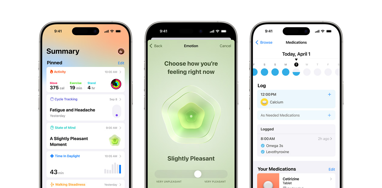 Três aparelhos iPhone exibindo o app Saúde da Apple.