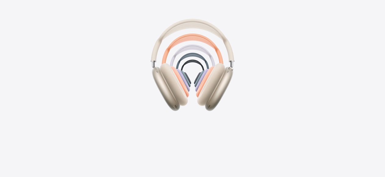Навушники AirPods Max 2, вид спереду, накладаються одні на одні, показано в різних кольорах, сітчастий обід і амбушури з піноматеріалу, коронка Digital Crown і кнопка режиму прослуховування.