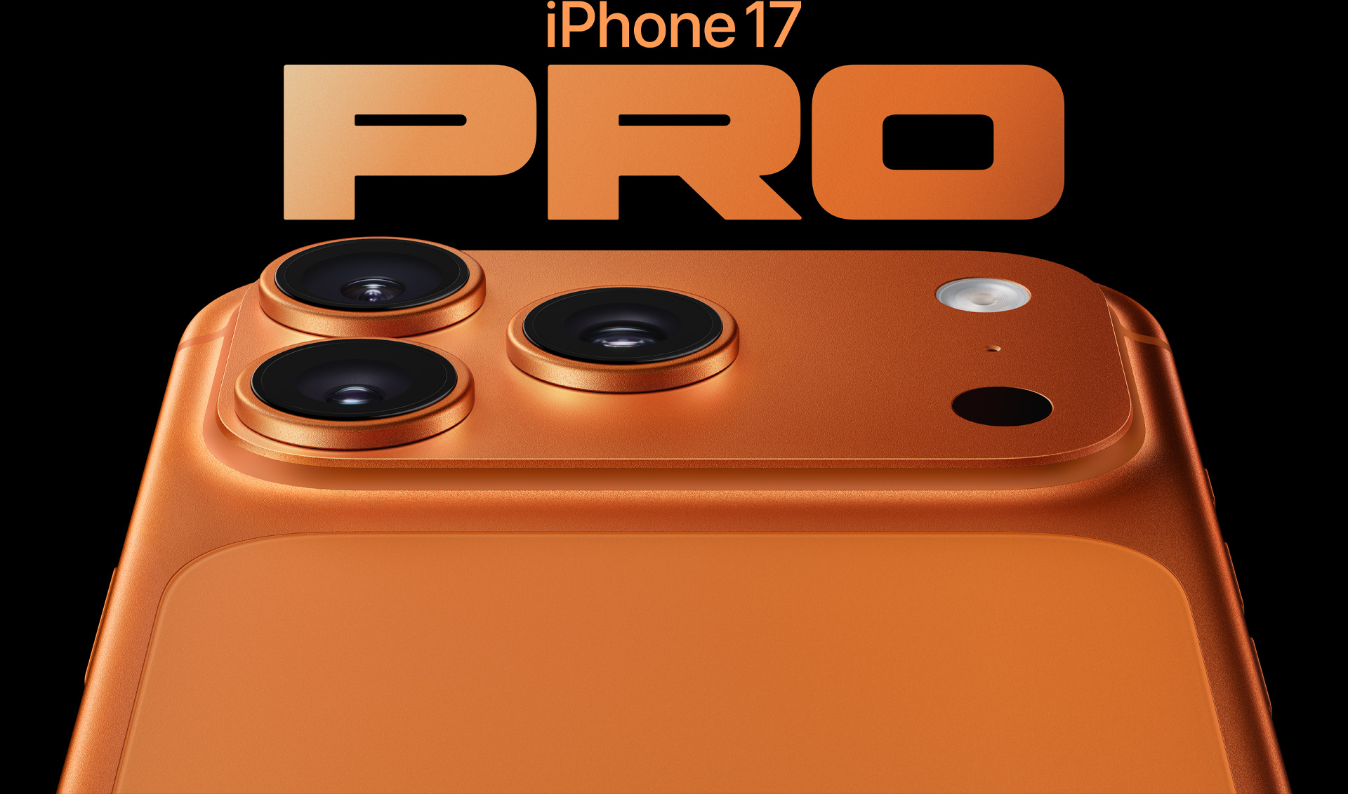 iPhone 17 Pro, kosmicky oranžový, částečný pohled zezadu, profesionální fotosoustava v levém horním rohu, 3 objektivy, mikrofon, blesk