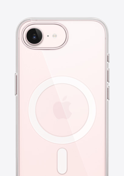 iPhone 17e, arkadan dış görünüm, açık pembe renk, MagSafe özellikli Şeffaf Kılıf, üstte Fusion kamera, ortada Apple logosu