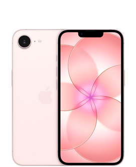 iPhone 17e, arkadan dış görünüm, açık pembe renk, sol üstte Fusion kamera, ortada Apple logosu, önden dış görünüm, açık pembe renk, tam ekran tasarım