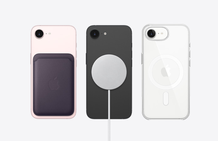 iPhone 17e, arkadan dış görünüm, MagSafe aksesuarları takılı