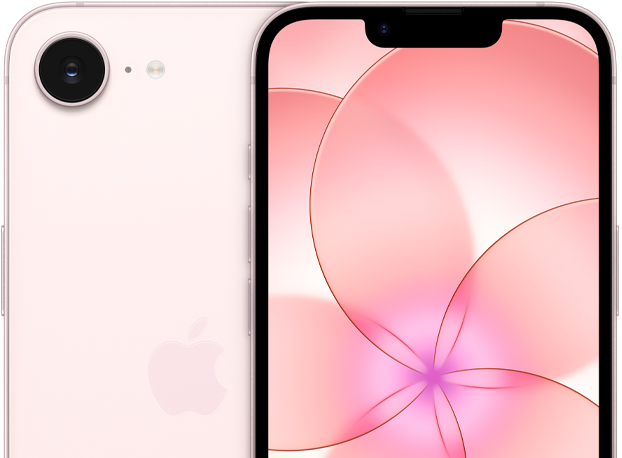 iPhone 17e, önden dış görünüm, açık pembe renk, iPhone 17e’nin kamerasının da gösterildiği arka dış yüzeyinin kısmi görünümü